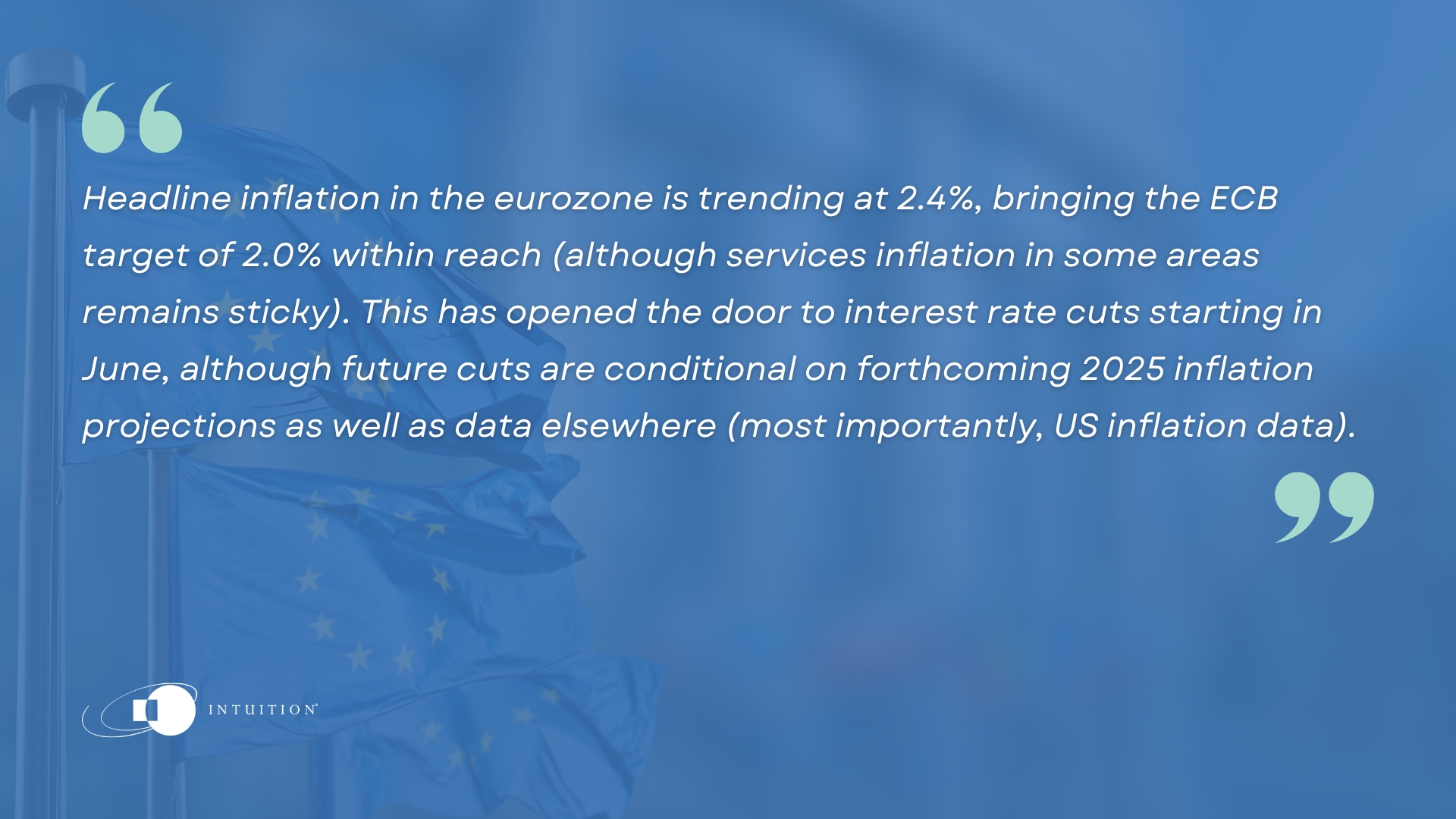 Headline inflation in the eurozone is trending at 2.4%, bringing the ECB target of 2.0% within reach (although services inflation in some areas remains sticky). This has opened the door to interes