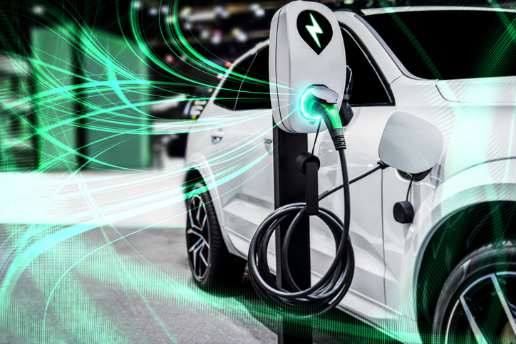 An electric vehicle, representing the increasing demand for nonferrous metals like lithium, nickel, and copper, which are essential for rechargeable battery systems and the renewable energy transition.